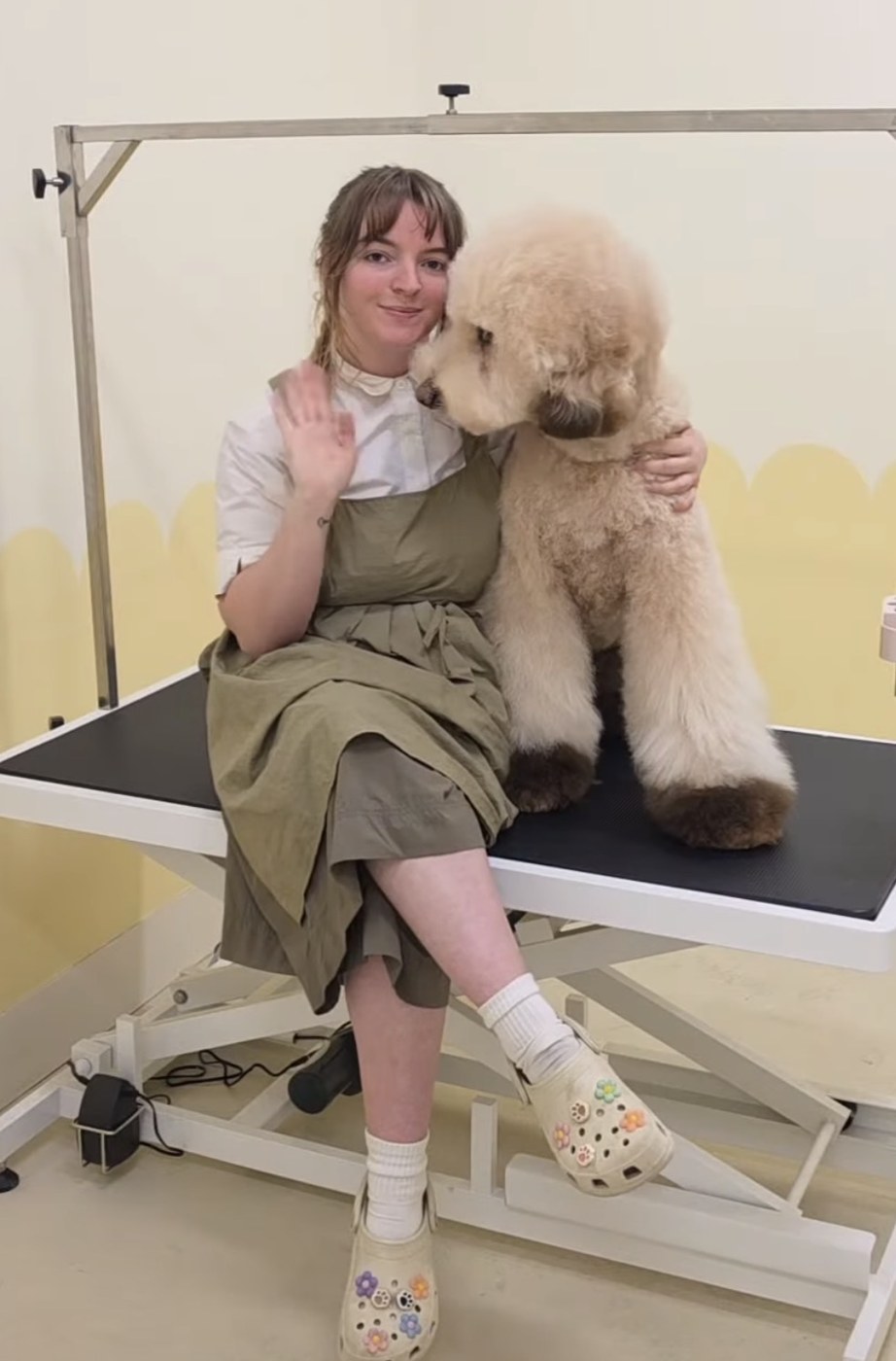 Eliza, Fluffbombs owner, sitting on the grooming table with a standard poodle